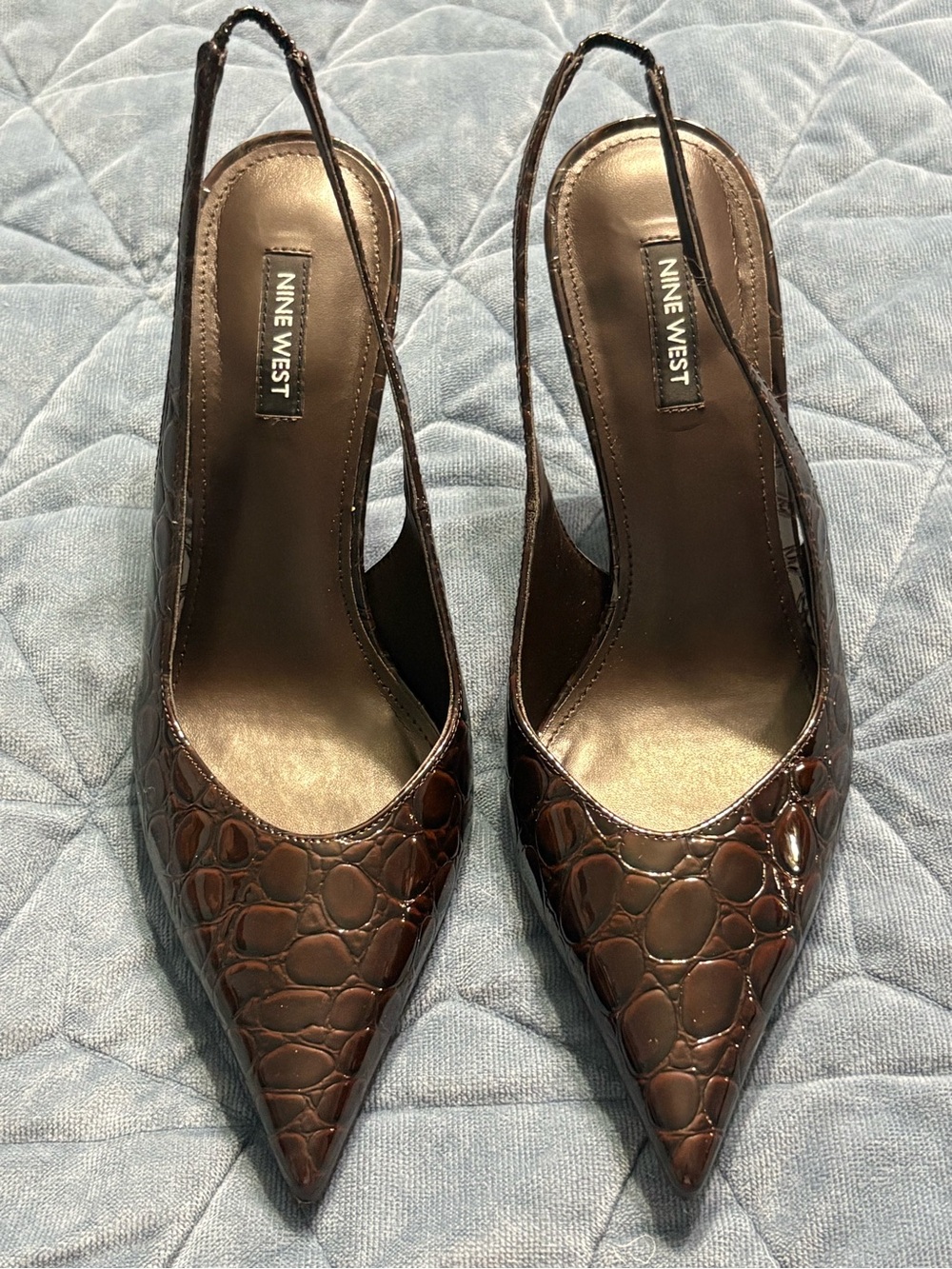 Nine West Dark Brown Croc-Embossed Pointed Slingback Heels